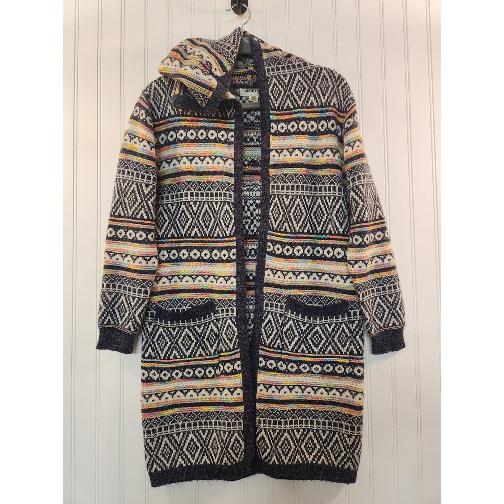 Monteau LA Women Hooded Open Long Cardigan Small Fair Isle Geometric Multicolor